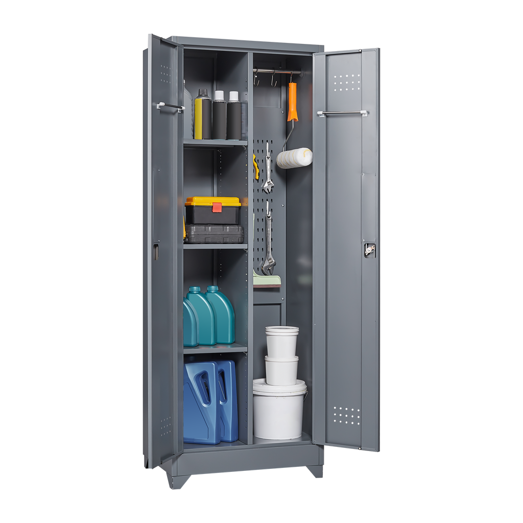 Broom Storage Cabinet With Locking Doors And Shelves