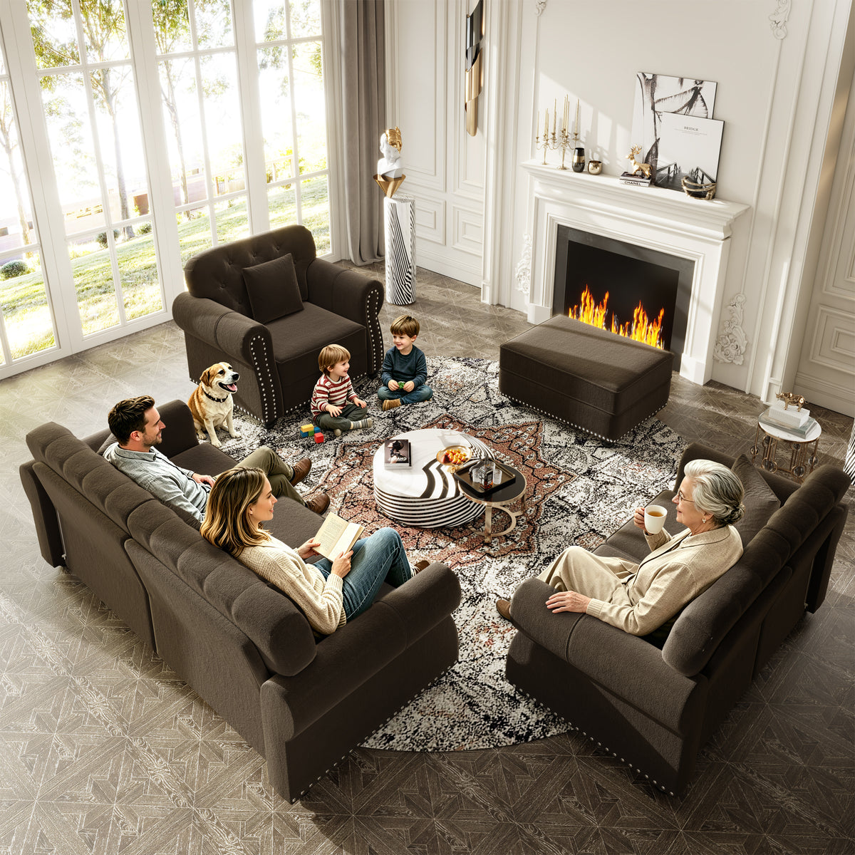 Upholstered Velvet Sofa with Nailhead Trim and Ottoman