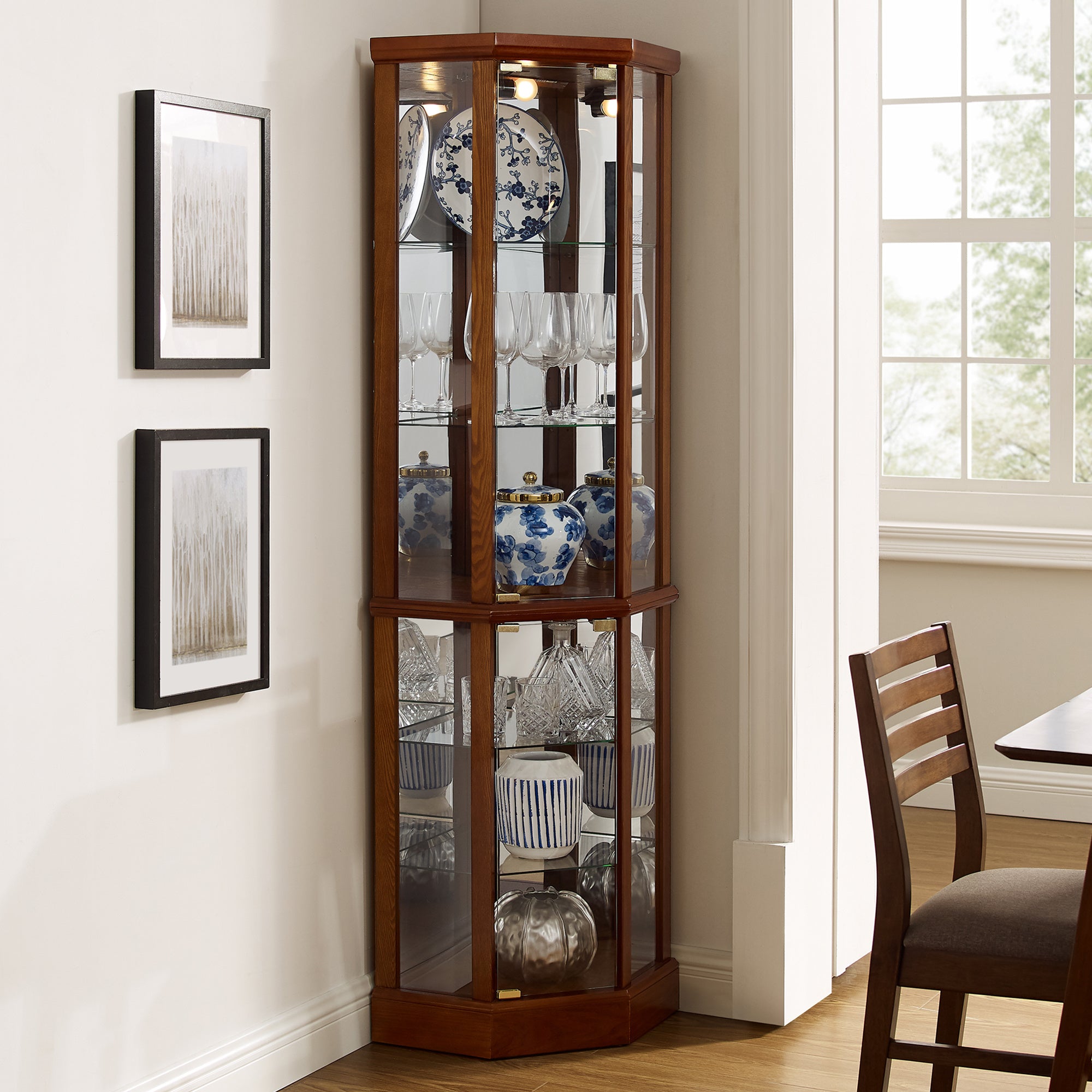 6 Shelf Lighted Corner Curio Cabinet with Adjustable Tempered Glass Shelves