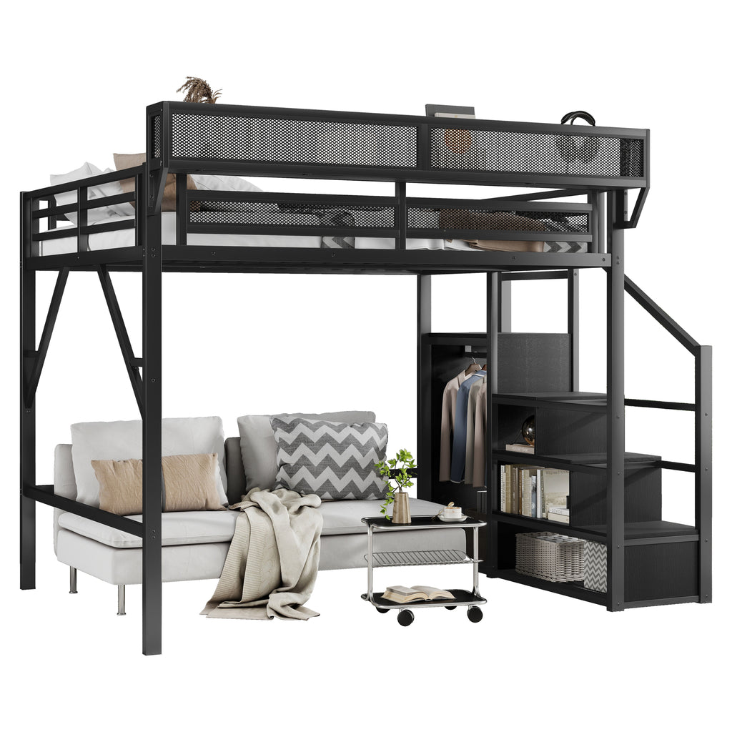 Full Size Loft Bed with Stairs and Storage Shelves