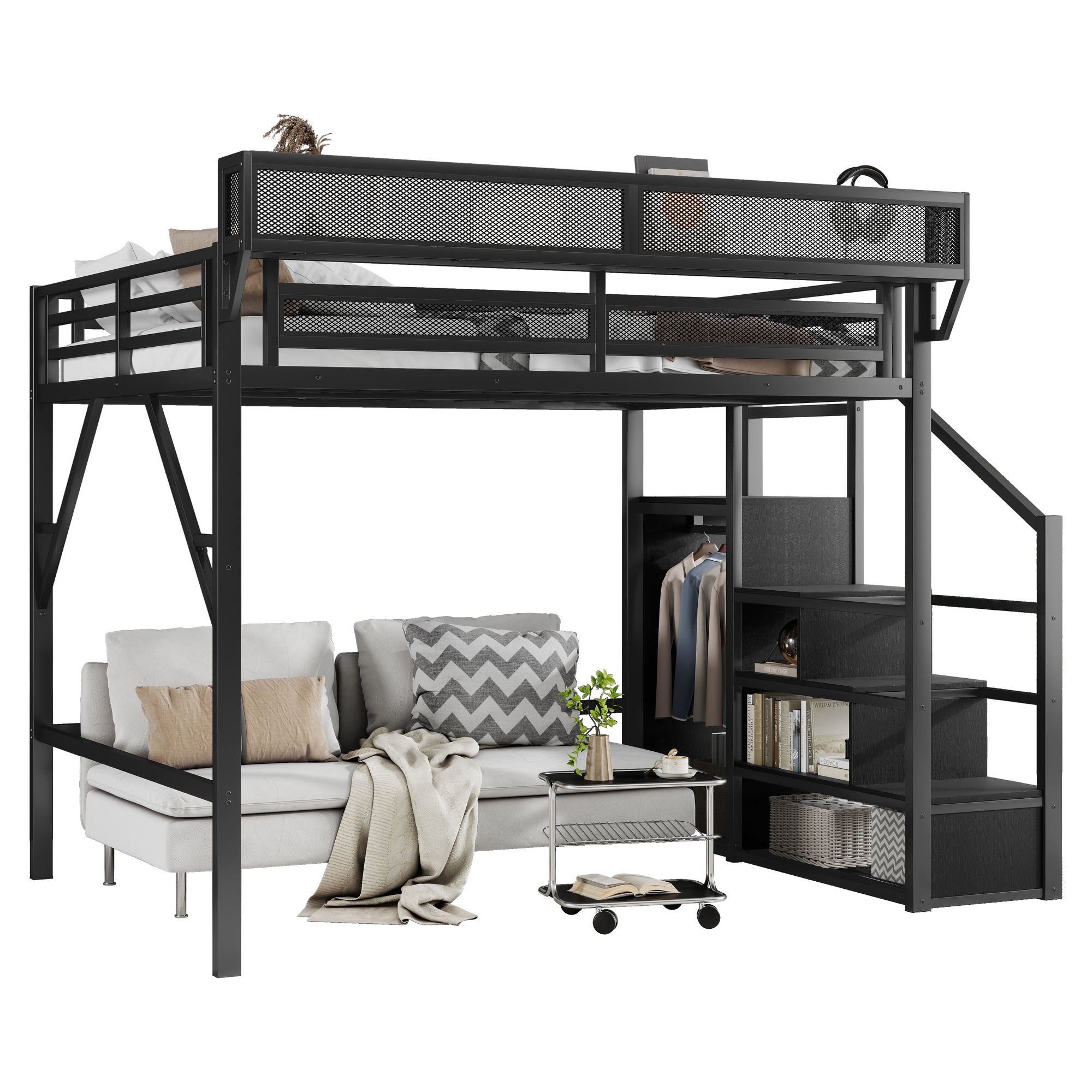 Full Size Loft Bed with Stairs and Storage Shelves