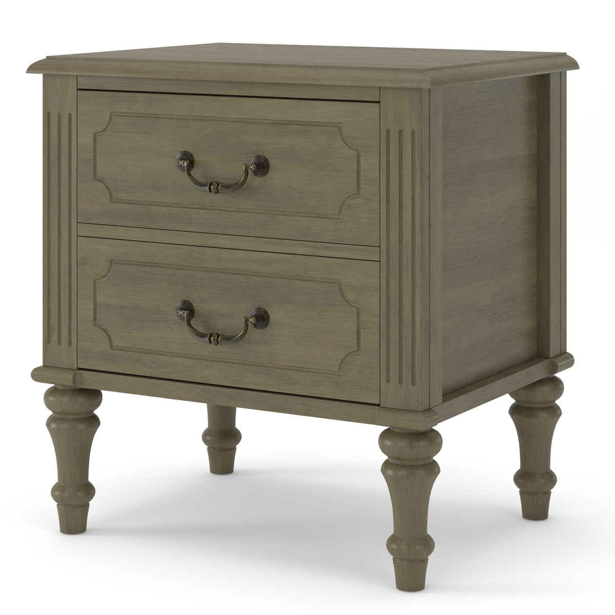 Fluted Nightstand with 2 Drawers, 21-Inch Wide, Solid Rubberwood, Antique Bronze