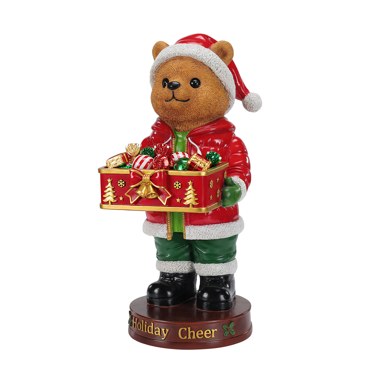 Christmas Bear Statue with Storage Tray, Red Resin, 18.5 Inches