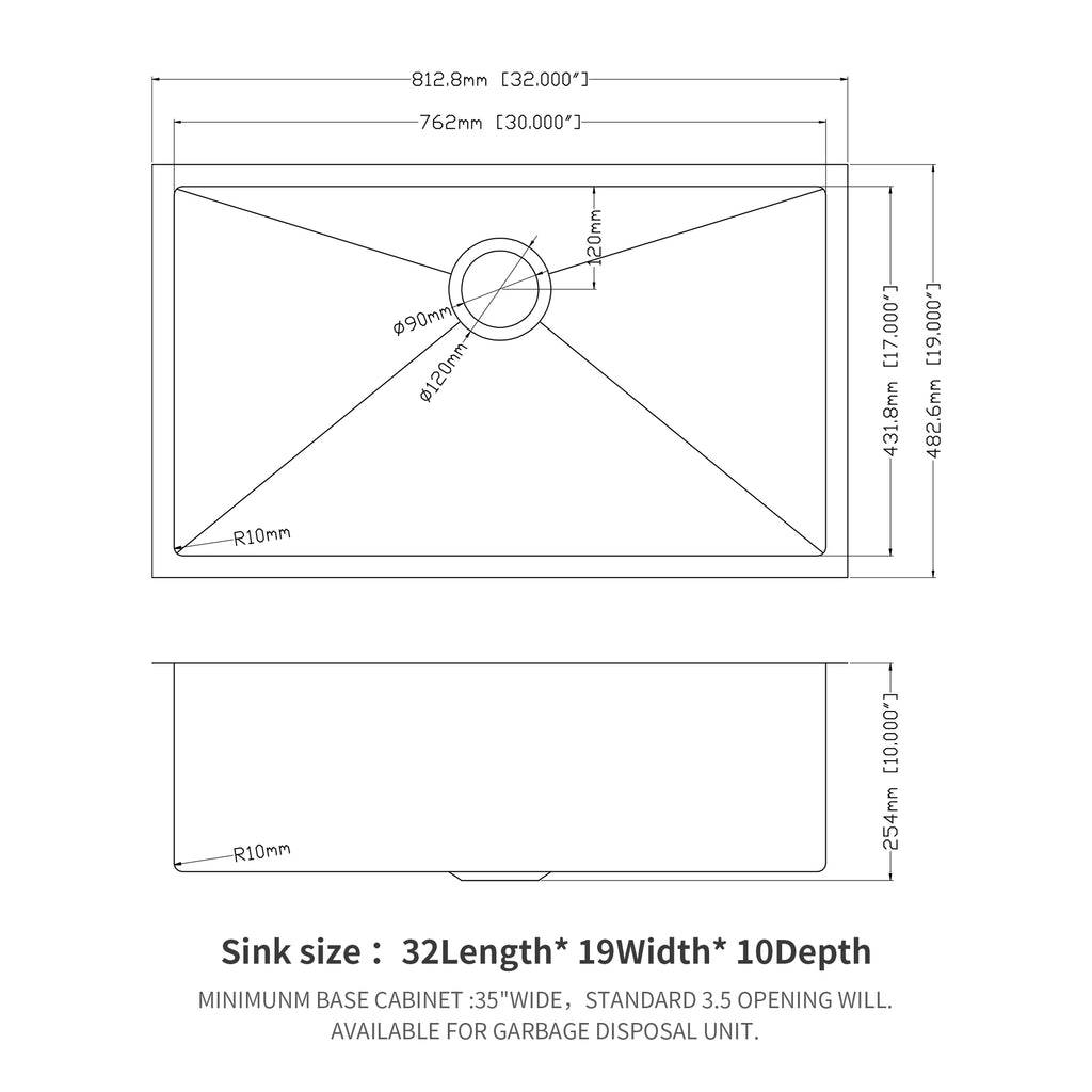 32"x19" Stainless Steel 16 Gauge Undermount Kitchen Sink