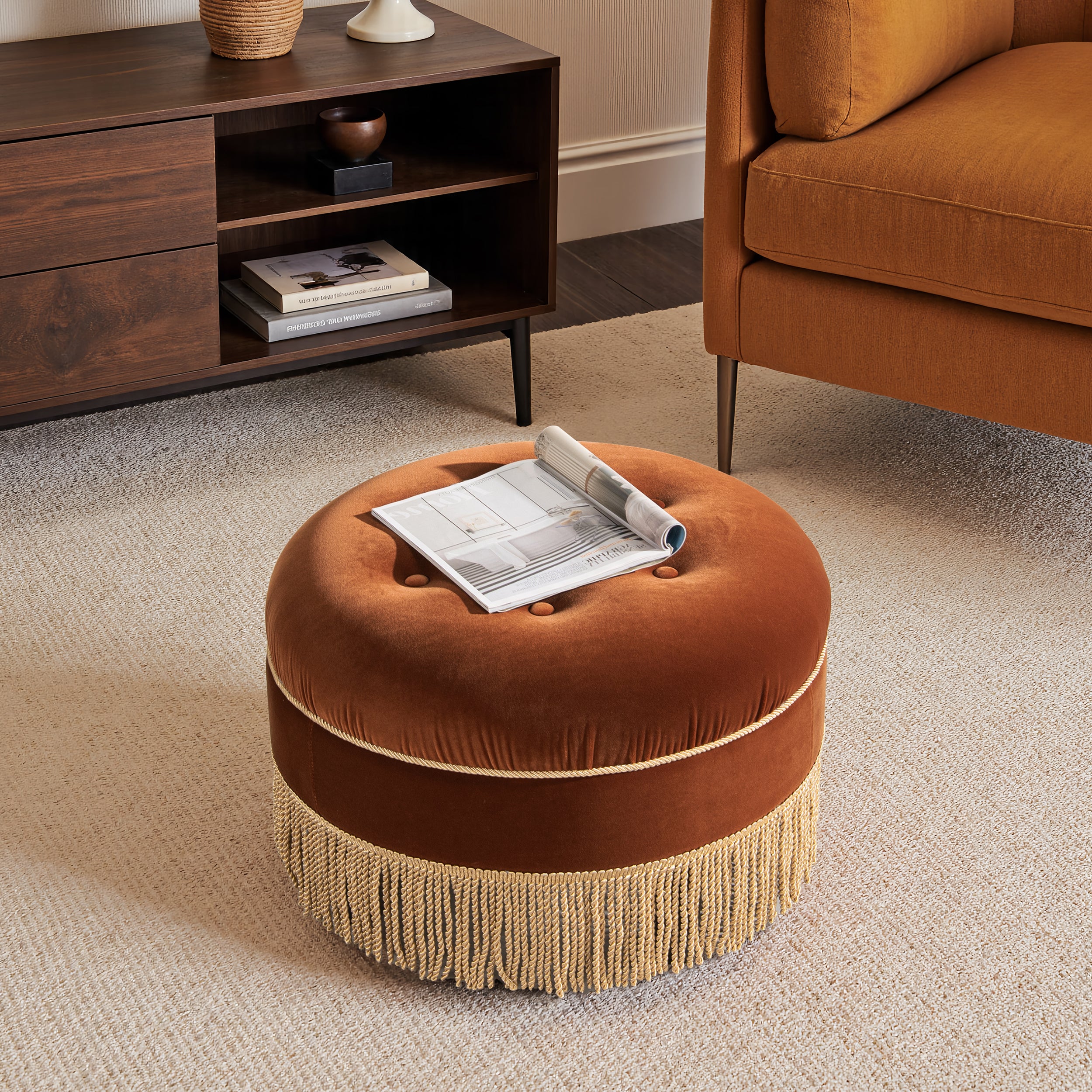 Yolanda 24" Round Upholstered Accent Ottoman - Burnt
