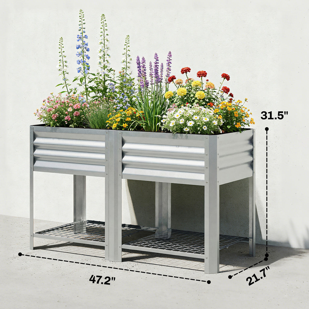 Outsunny Galvanized Steel Raised Garden Bed with Storage Shelf