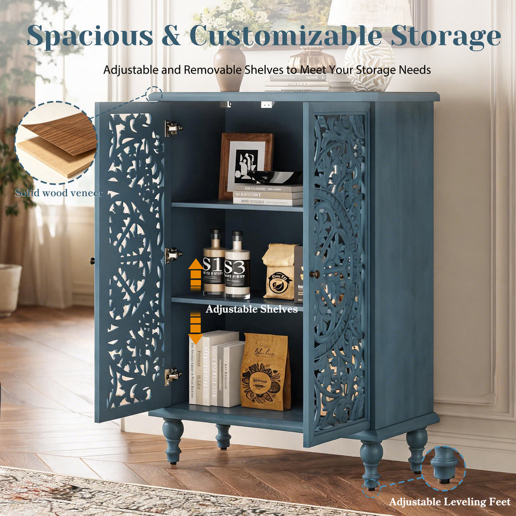 Farmhouse Accent Storage Cabinet, 2-Door Hollow Carved, Antique Blue