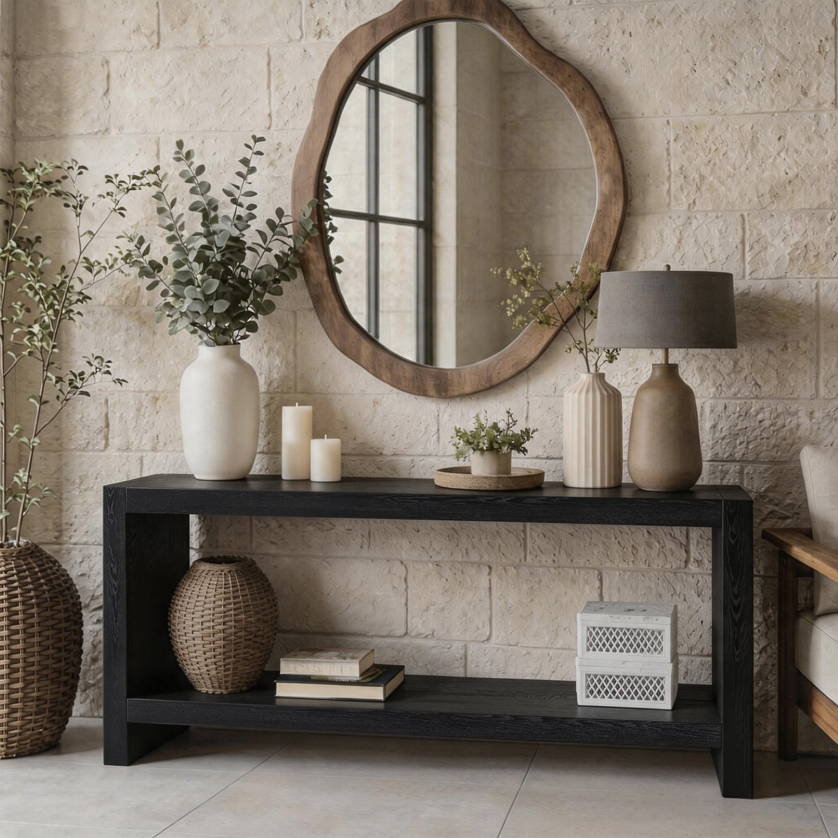 63-Inch Farmhouse Console Table, 2-Tier Rustic Design, Black Wood Veneer