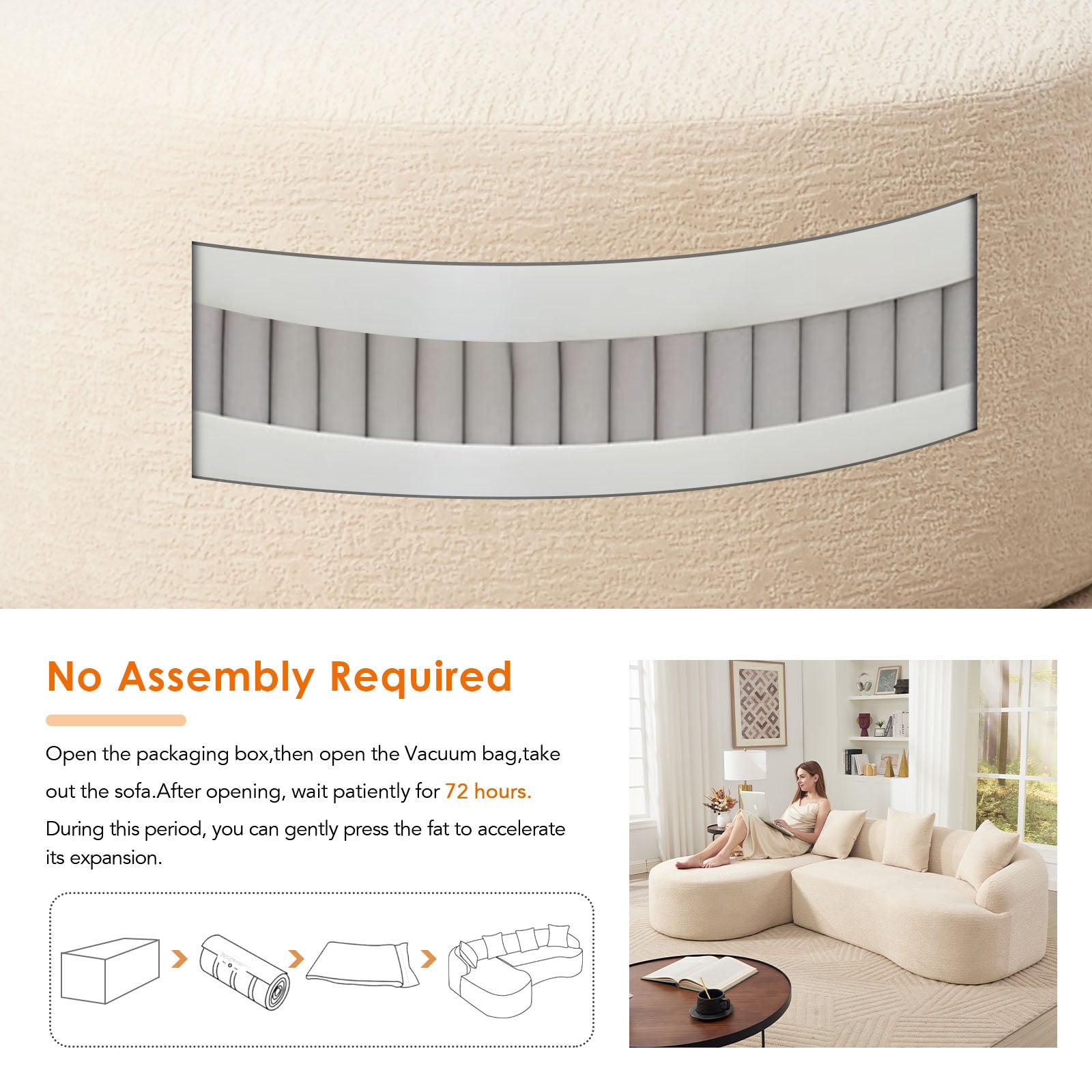 Boneless L-Shape Sectional Sofa with Curved Chaise