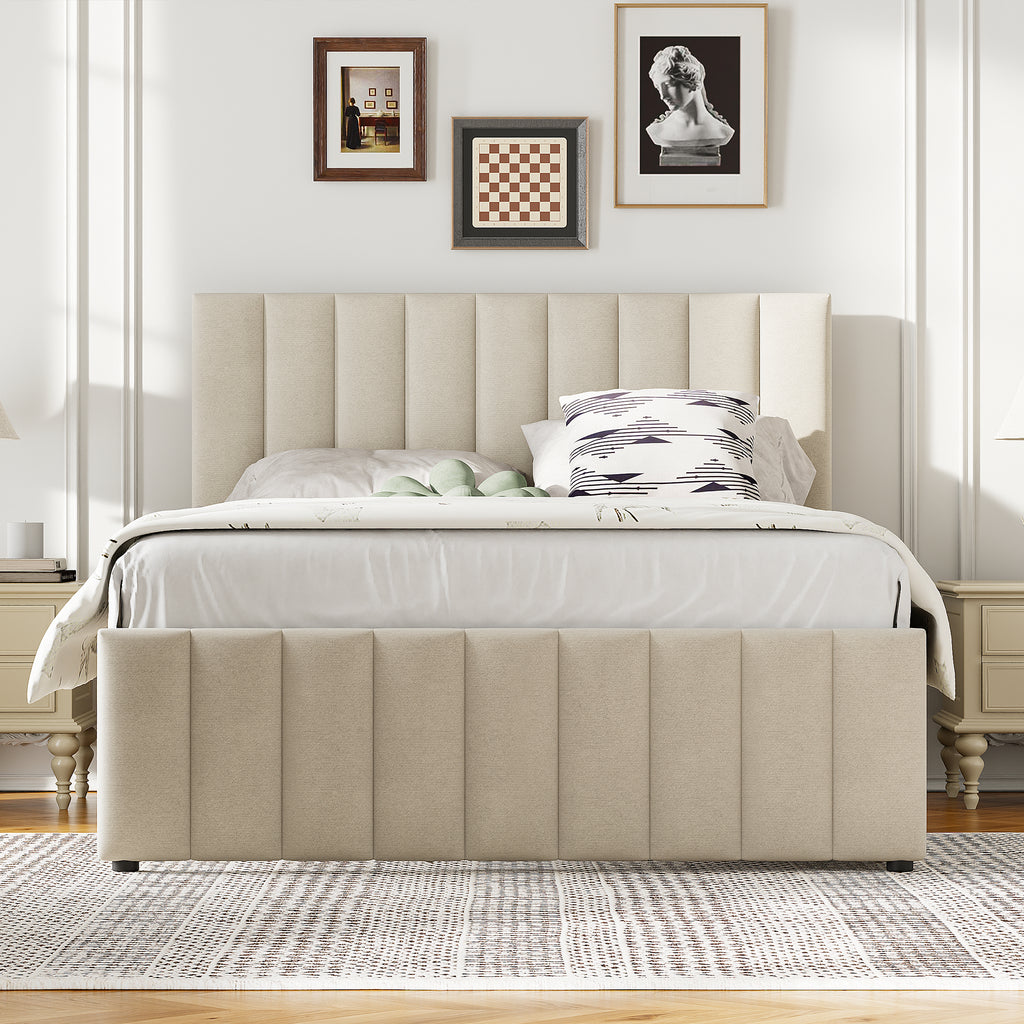 Full Size Upholstered Platform Bed with Twin Size Trundle and 3 Drawers