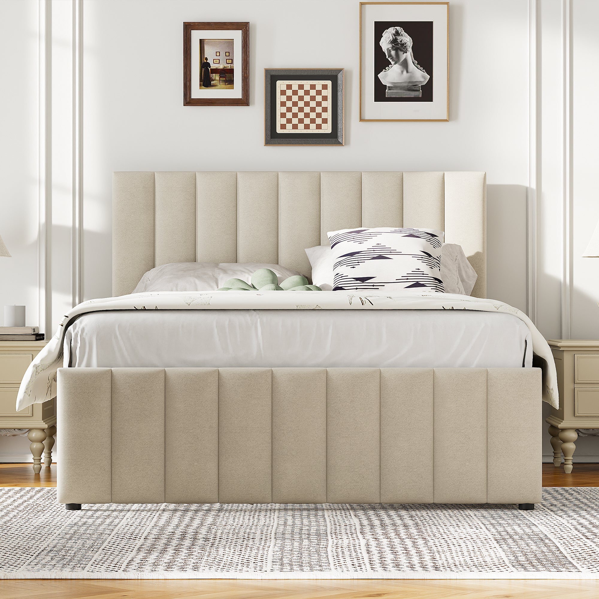 Full Size Upholstered Platform Bed with Twin Size Trundle and 3 Drawers