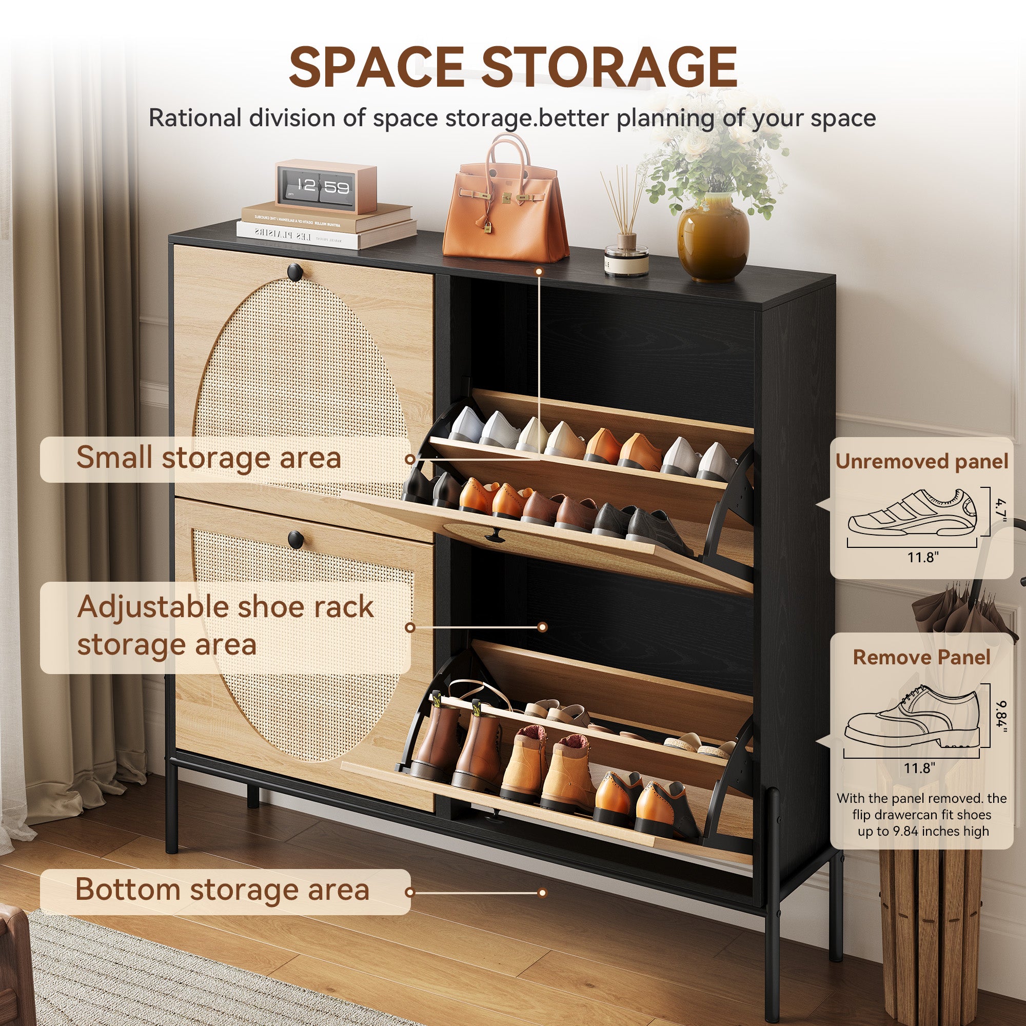Space-Saving Rattan Shoe Cabinet with 4 Flip-Down Doors