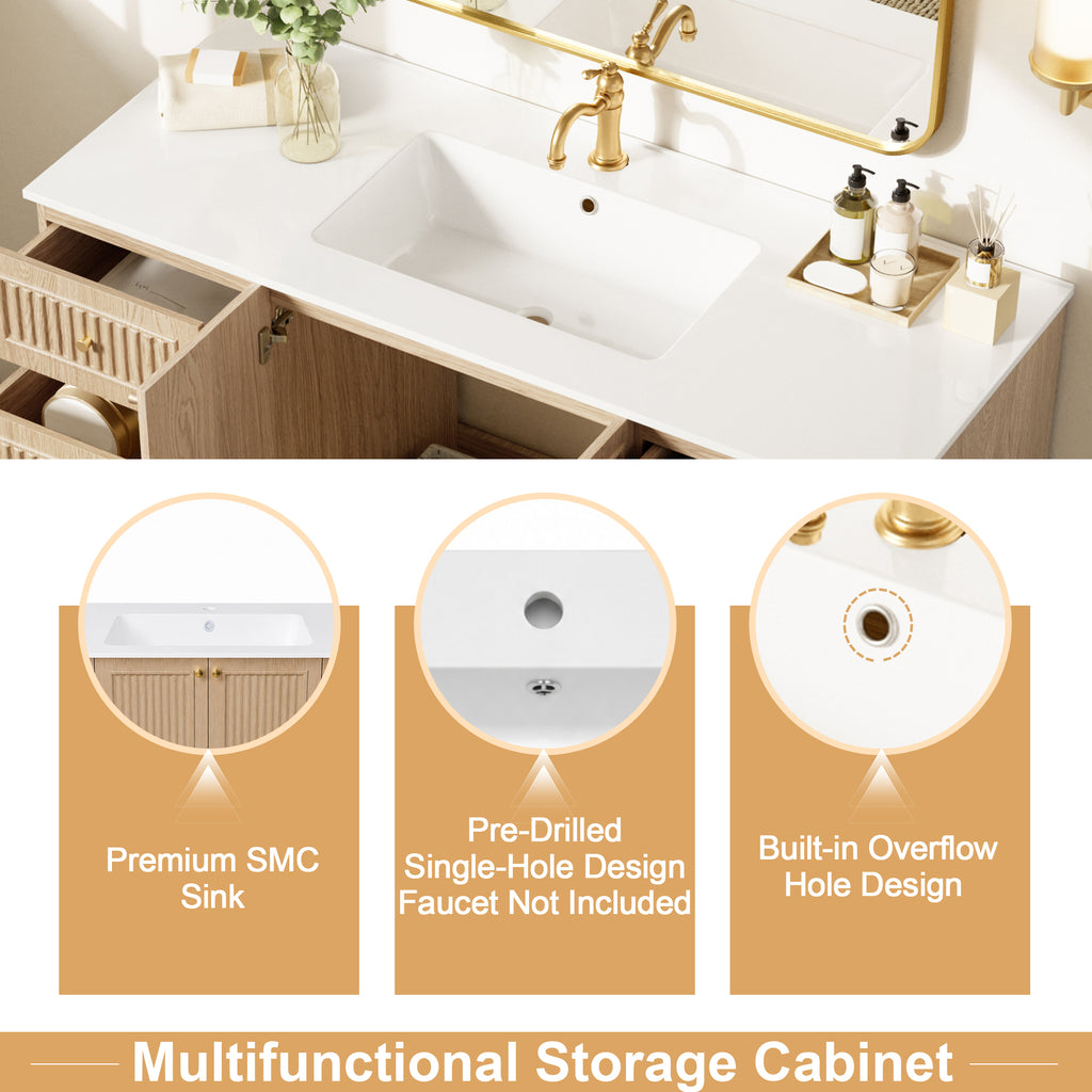 [Video]47.56" Freestanding Single-Sink Bathroom Vanity with SMC Top, MDF Cabinet, 8 Drawers, 2 Soft-Close Doors and Gold-Tone Aluminum Alloy Handles