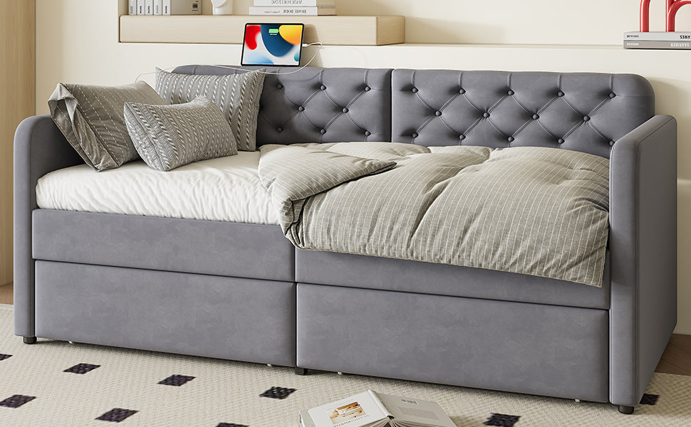 Twin Size Upholstered Daybed with Storage Drawers
