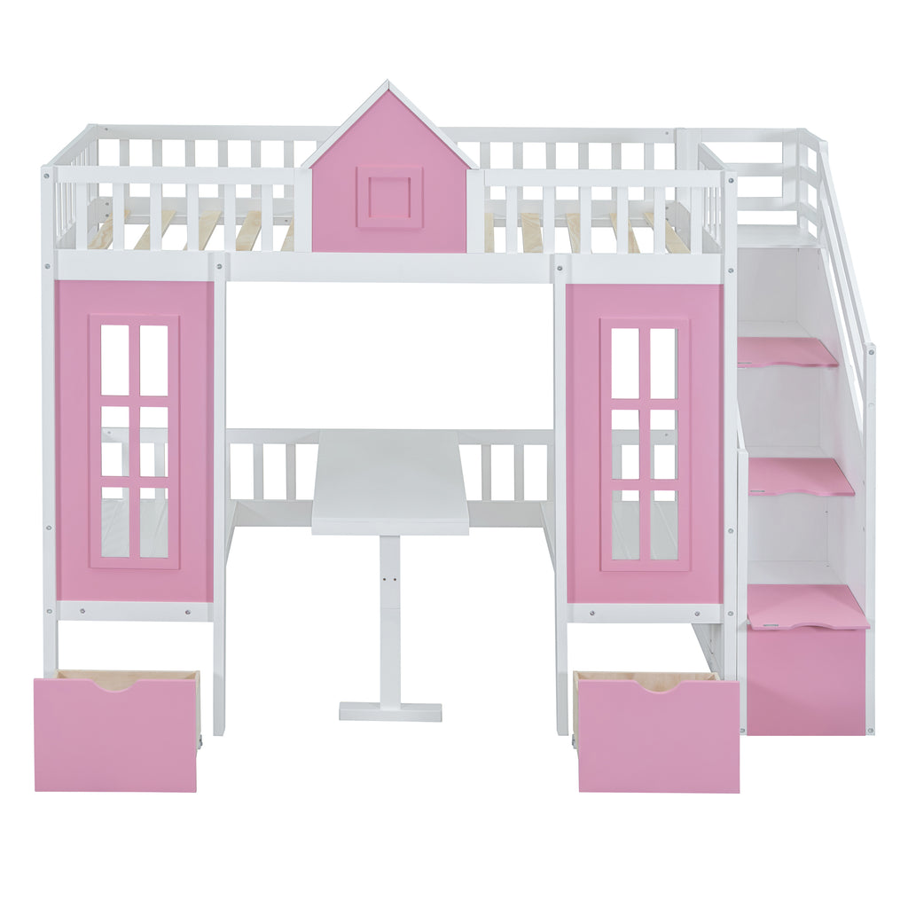 Twin-Over-Twin Bunk Bed with Changeable Table - Pink