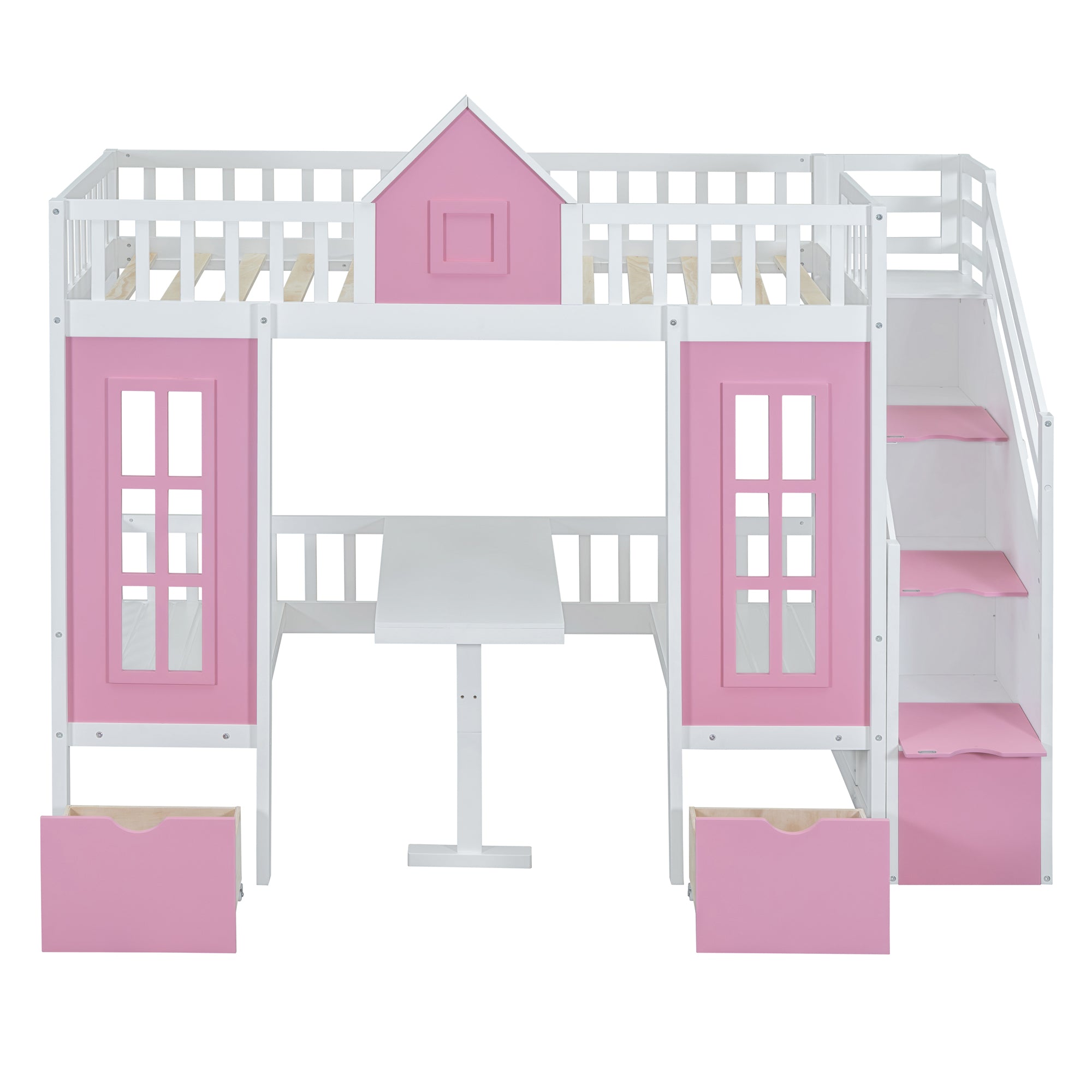 Twin-Over-Twin Bunk Bed with Changeable Table - Pink