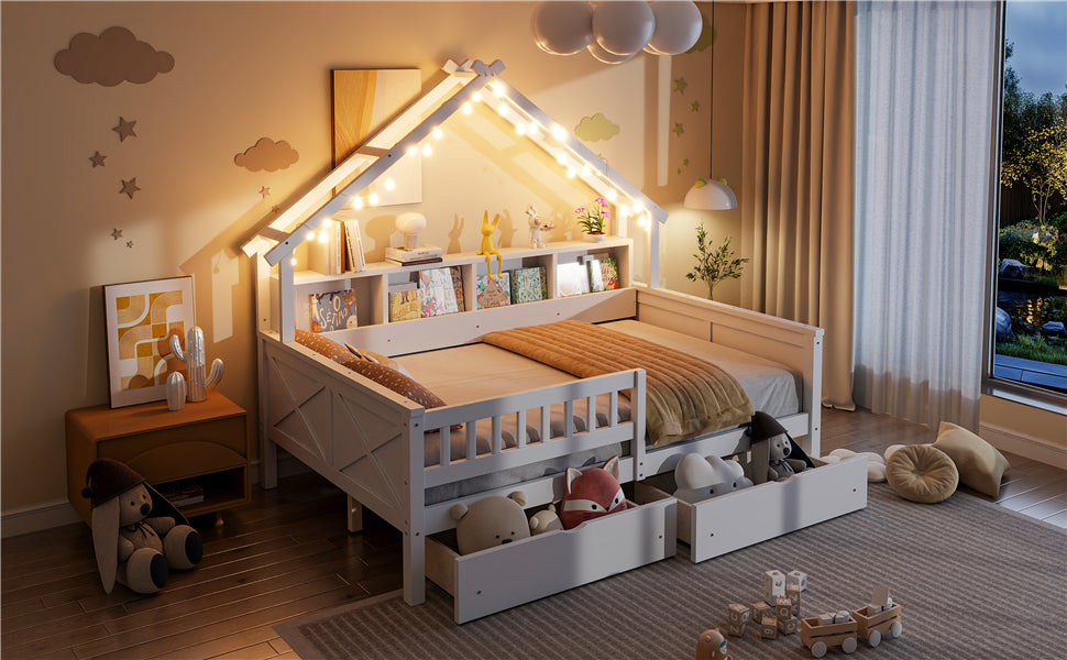 Wood Full Size House Platform Bed with LED, Storage Shelves, Drawers and Guardrail