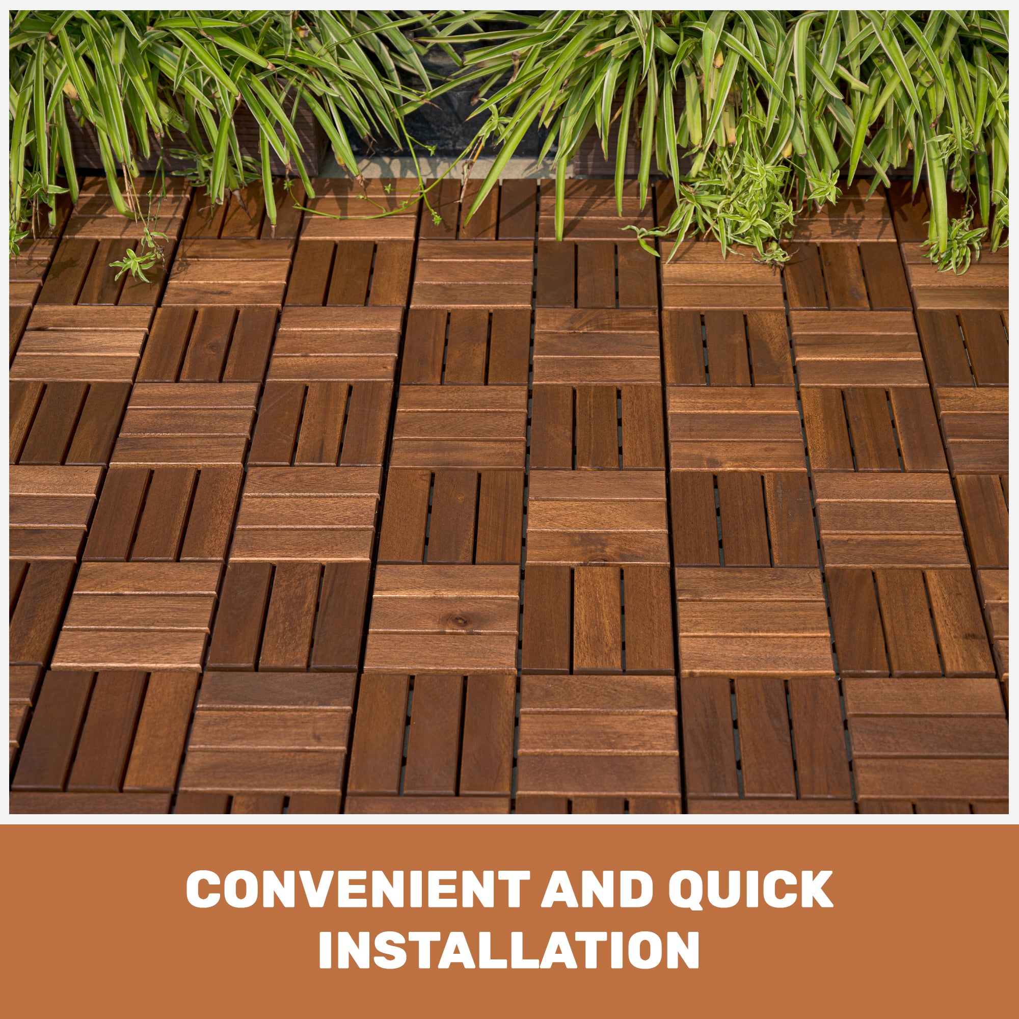 Acacia Wood Interlocking Deck Tiles Checker Pattern, 10PCS 12" x 12" Square