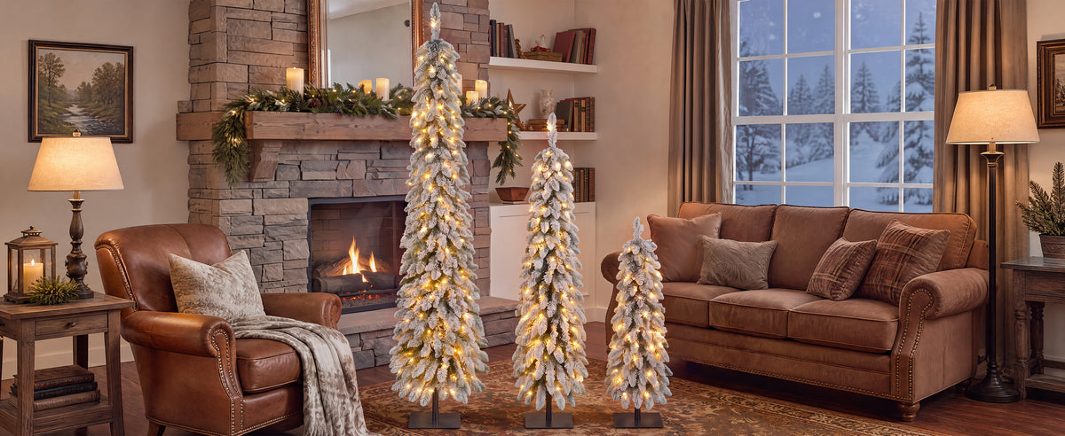 Snow Flocked Pre-Lit Pencil Christmas Tree
