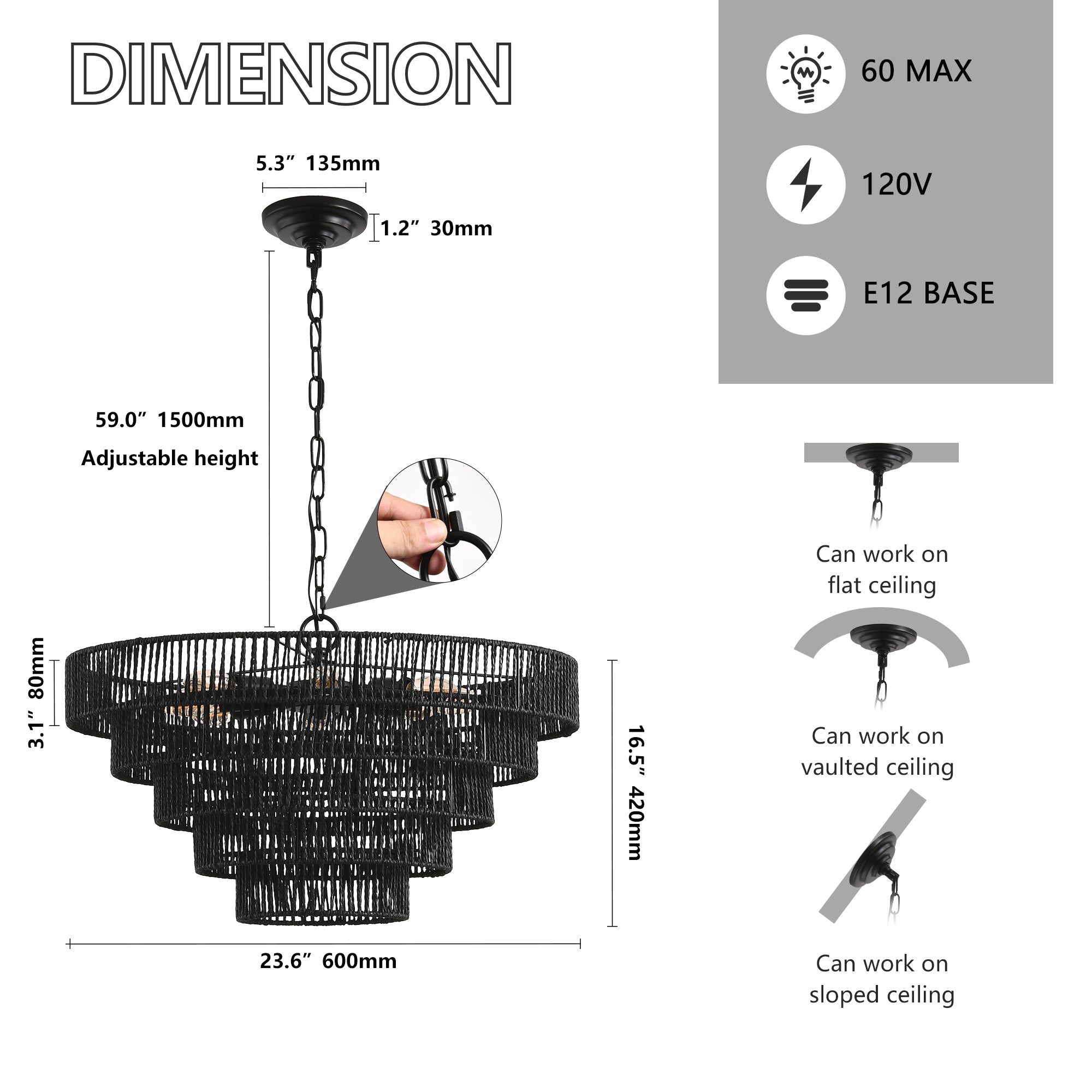 24" Rustic 5-Tier Black Pendant Light Chandelier