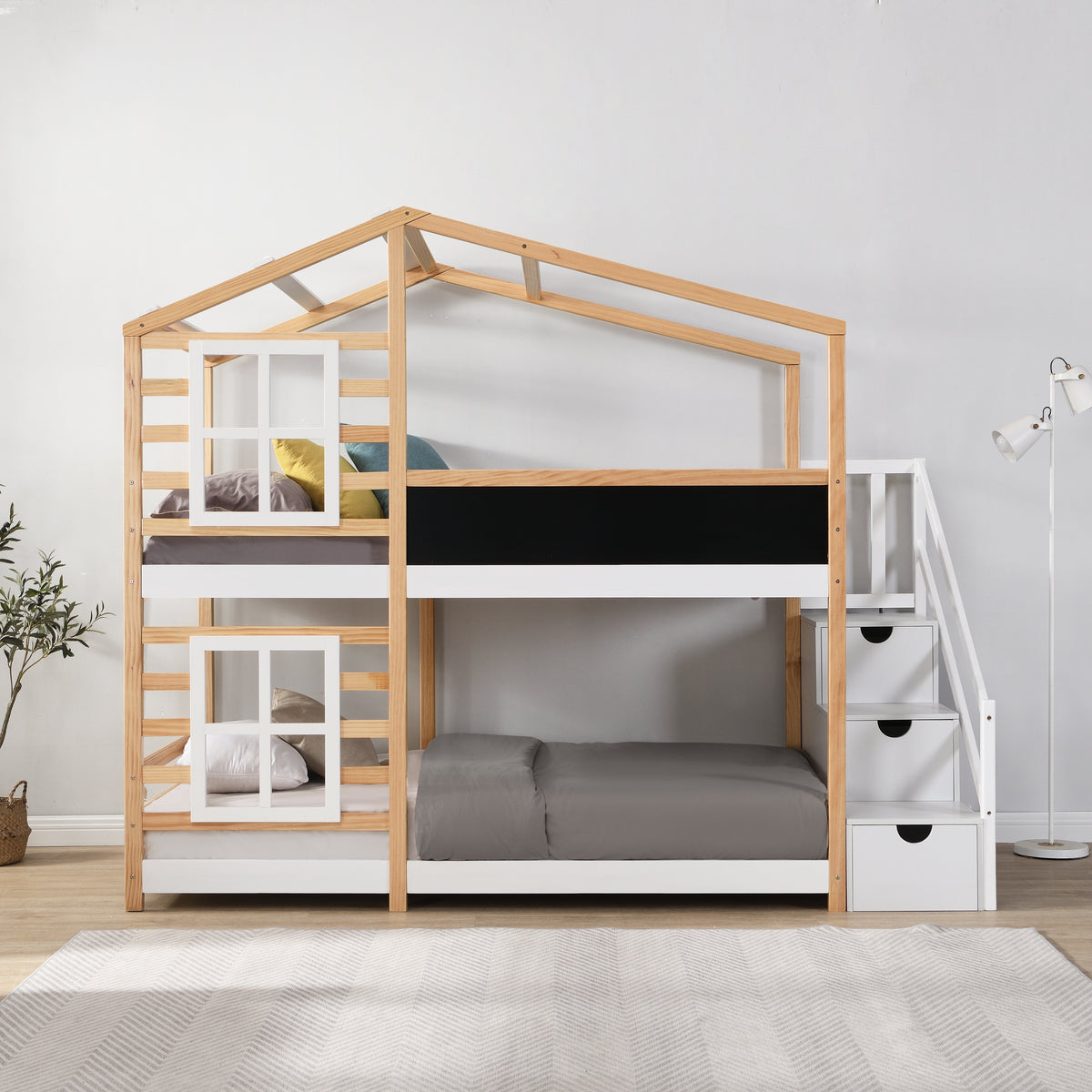 Twin Over Twin Bunk Bed House Bed With Roof Windows