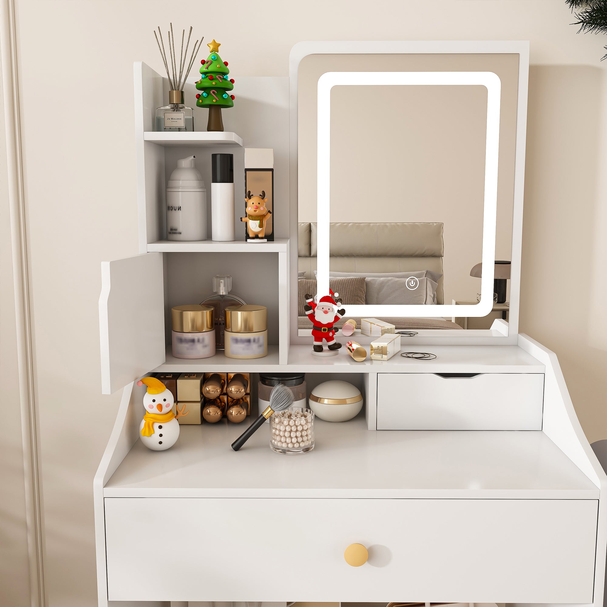 3-Color LED Vanity Mirror with Stool, Dressing Table for Bedroom