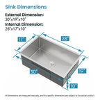 Stainless Steel Kitchen Sink, 30"x19" Drop In Single Bowl