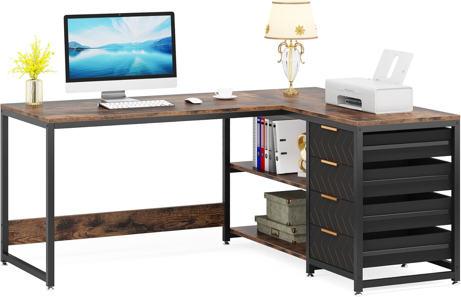 59” L-Shaped Computer Desk with Drawers and Storage Shelves