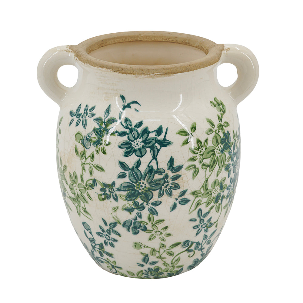 Floral Twin-Handle Ceramic Vase, 7.5 x 6.3 x 7.7 Inches