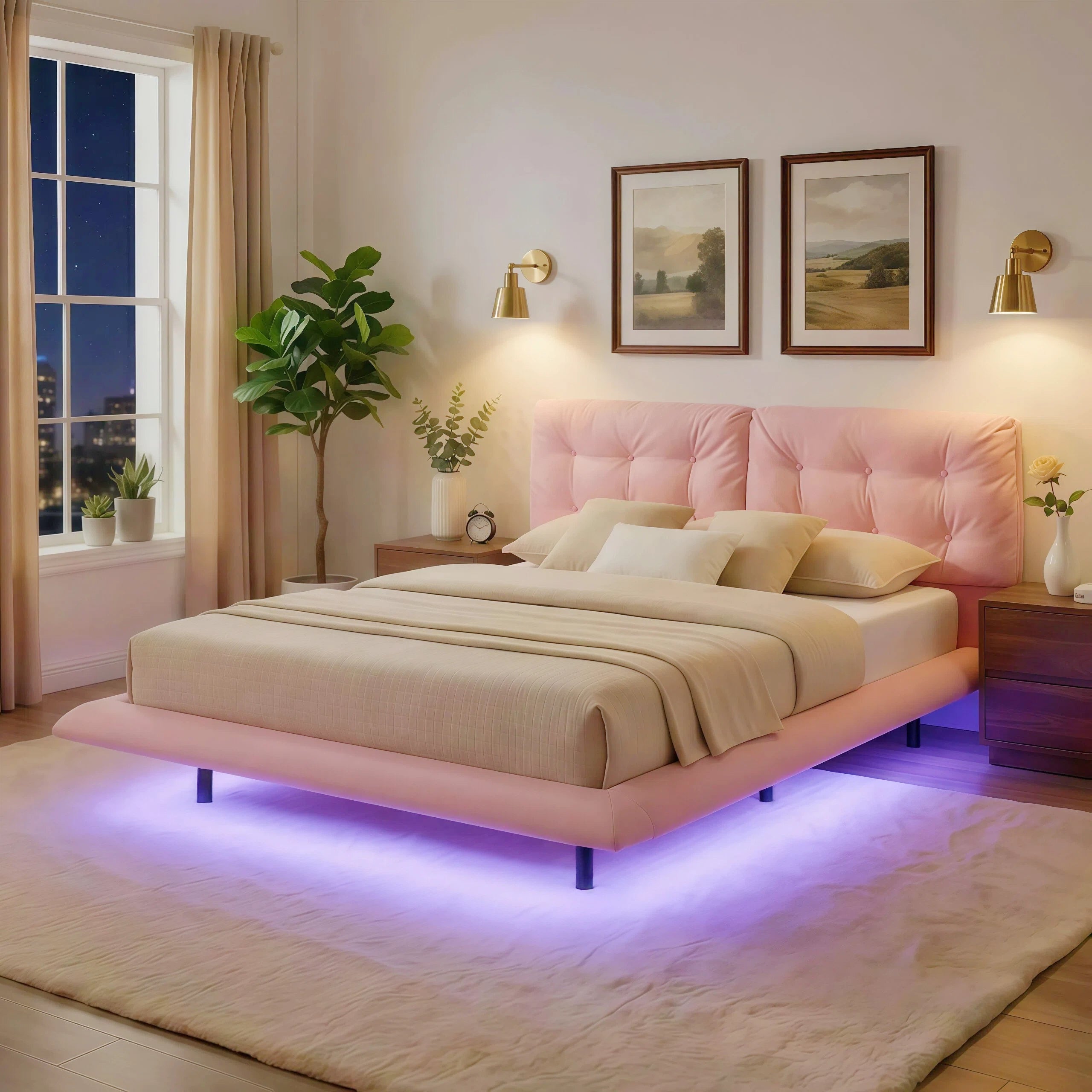 Queen Size Upholstered Floating Bed Frame with LED Lights