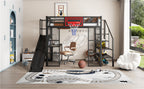 Full Size Metal Loft Bed with Built-in Desk, Open Wardrobe, Basketball Hoop, Slide and Staircase