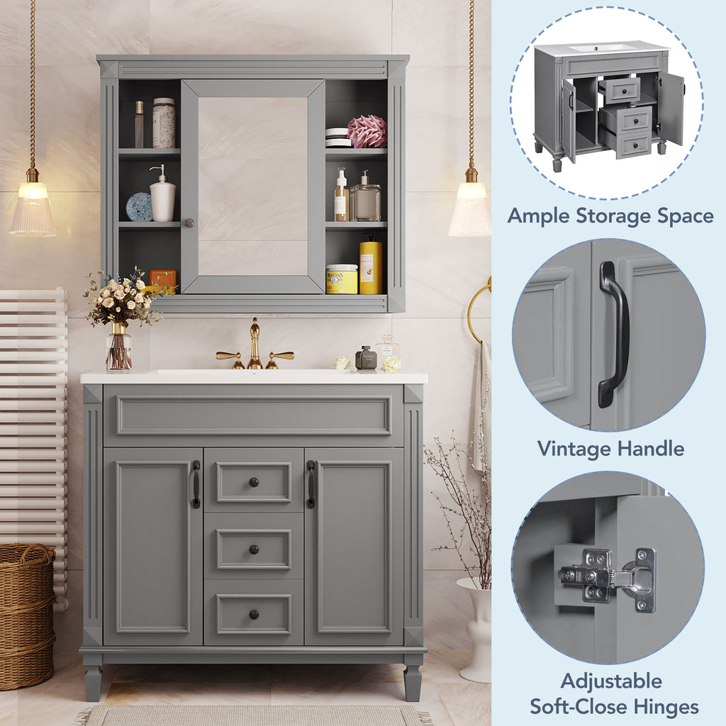 36" Bathroom Vanity with Top Sink, Mirror Cabinet