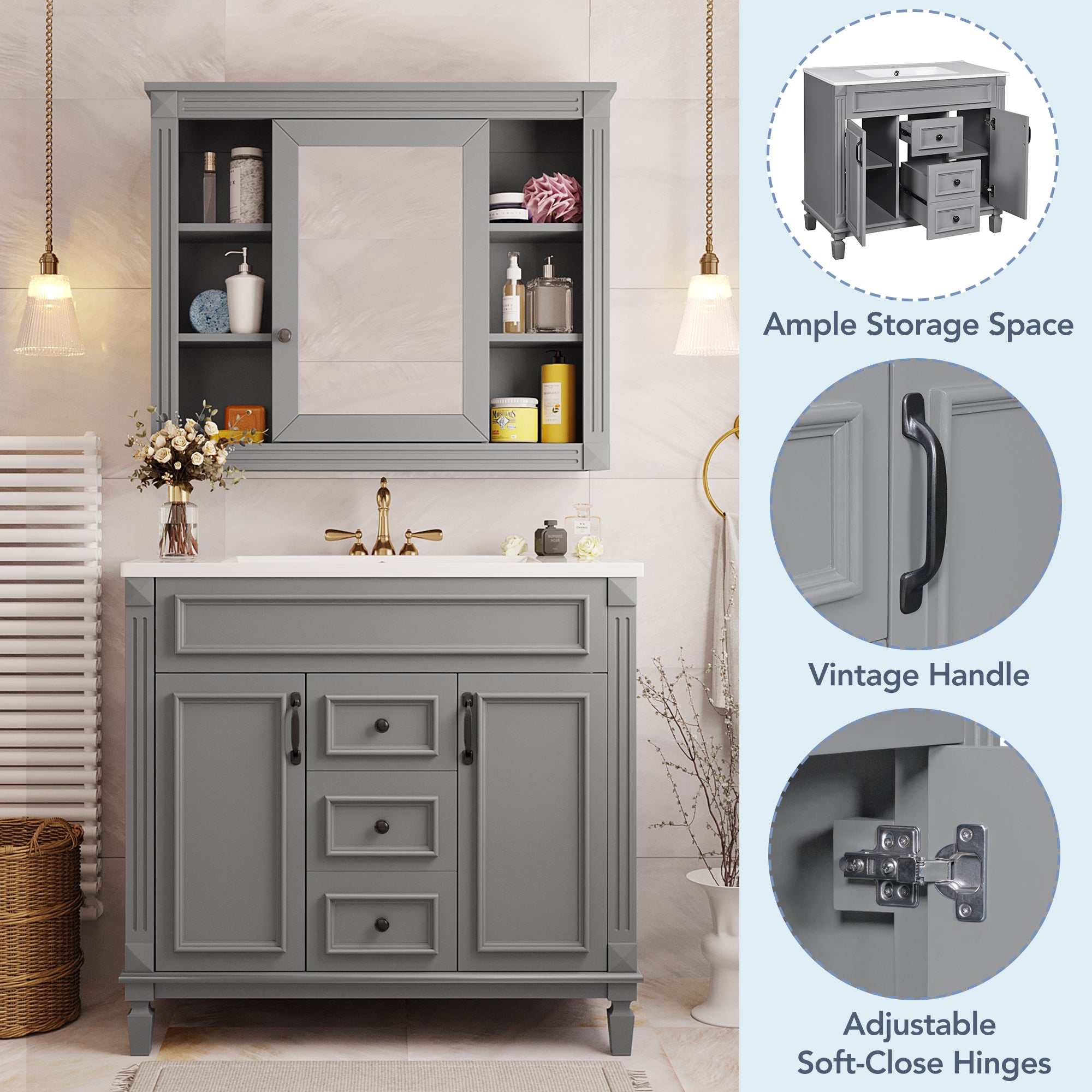 36" Bathroom Vanity with Top Sink, Mirror Cabinet