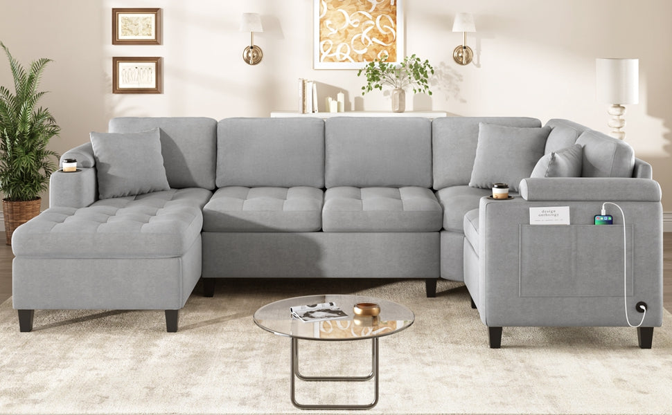 Modern U-Shaped Sectional Sofa with Cup Holders and USB Ports