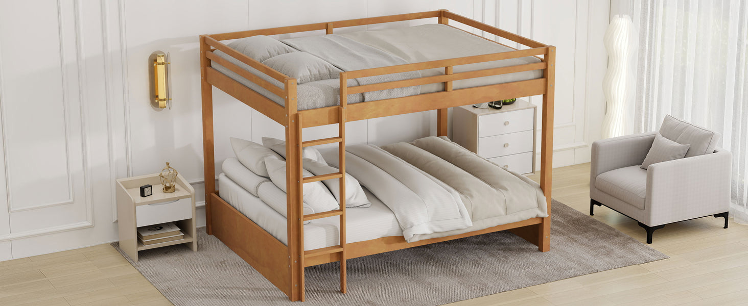 Wood Queen Size Bunk Bed with Ladder, Wood Color