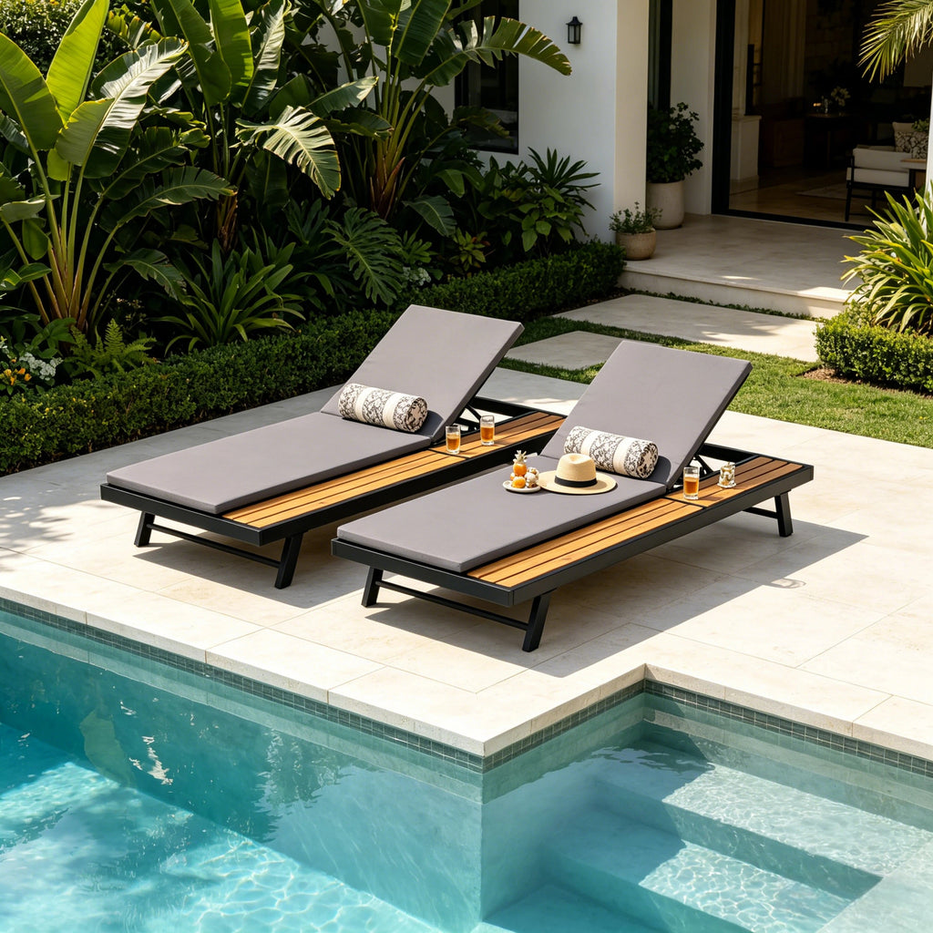 Black Iron + Teak Finish Outdoor Chaise Lounge Set with Dark