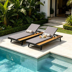 Black Iron + Teak Finish Outdoor Chaise Lounge Set with Dark