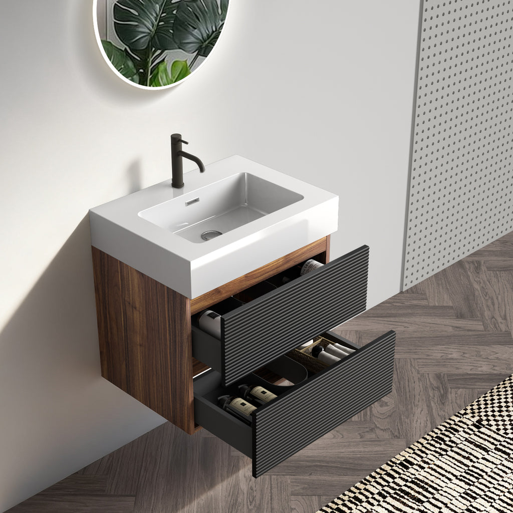 Grace 24-Inch Wall-Mounted Bathroom Vanity with Solid Surface Sink, Walnut and Black