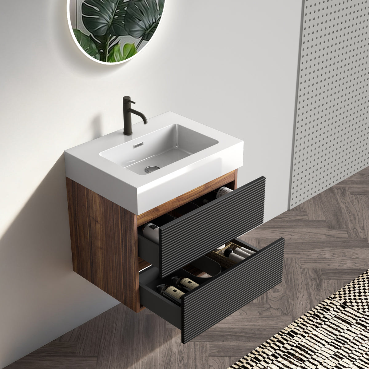 Grace 24-Inch Wall-Mounted Bathroom Vanity with Solid Surface Sink, Walnut and Black