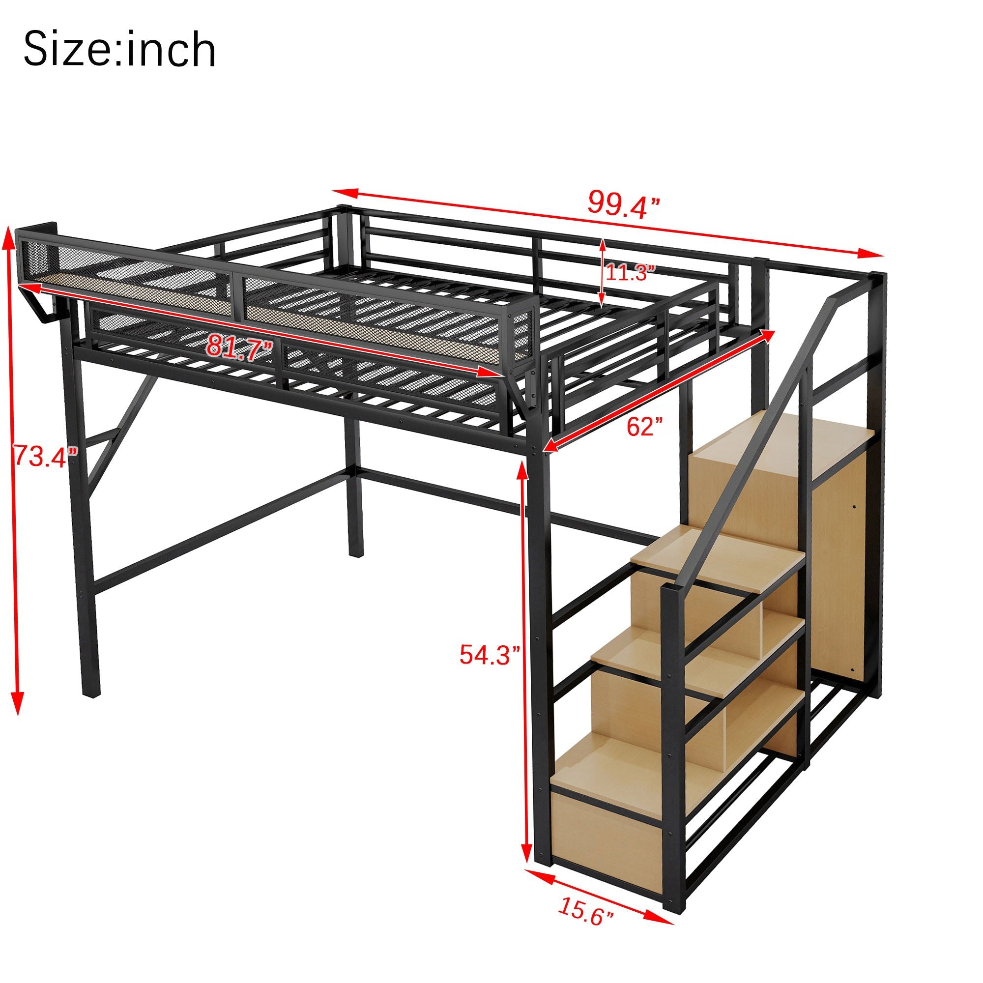 Loft Bed With Stairs, Storage Shelves, Wardrobe
