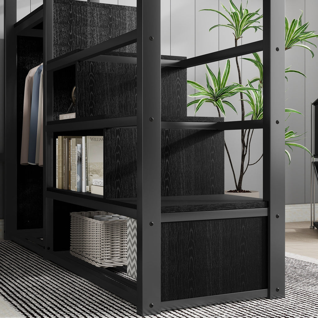 Full Size Loft Bed with Stairs and Storage Shelves