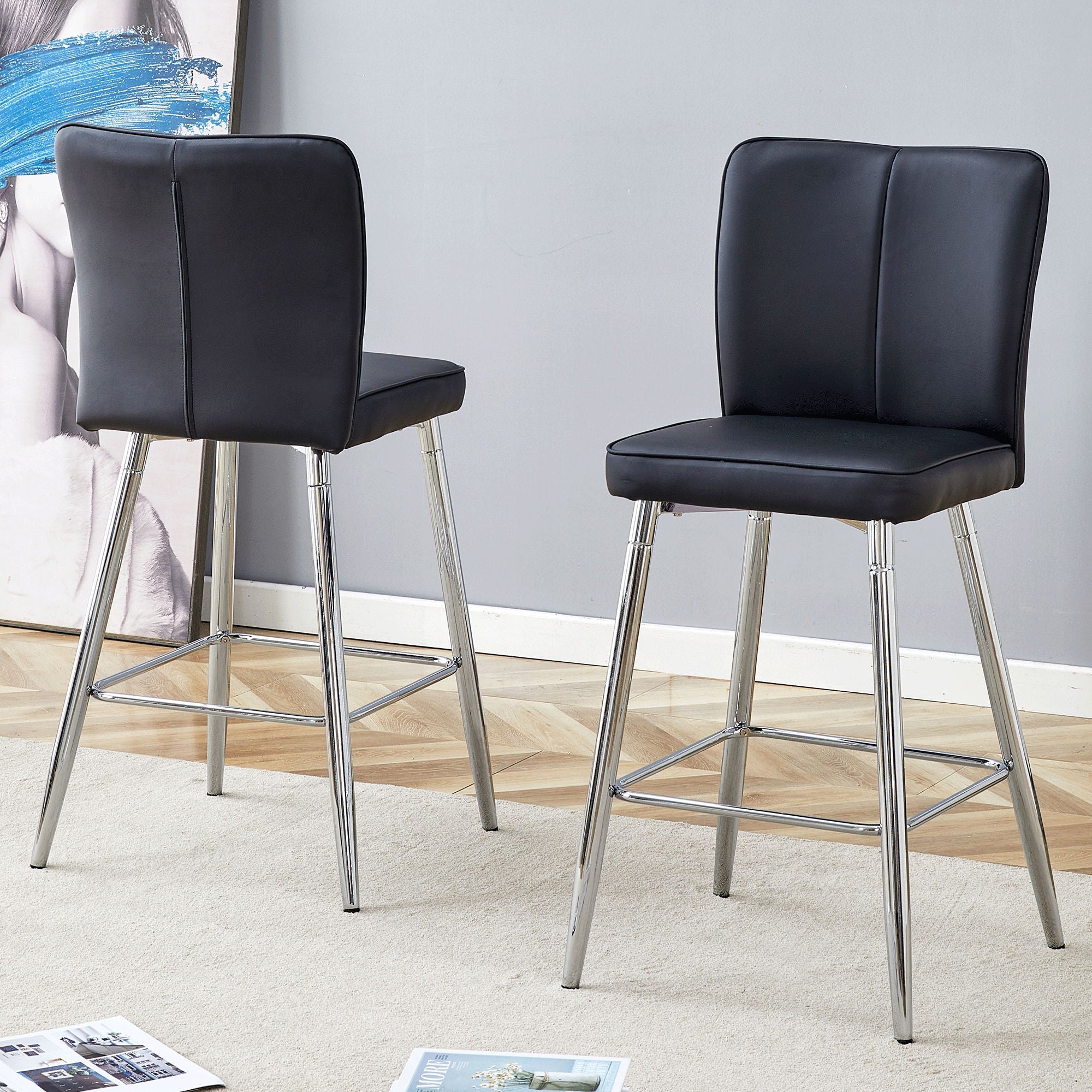 Modern Bar Chair Set with Streamlined Backrest and Metal Legs - 2 Pieces