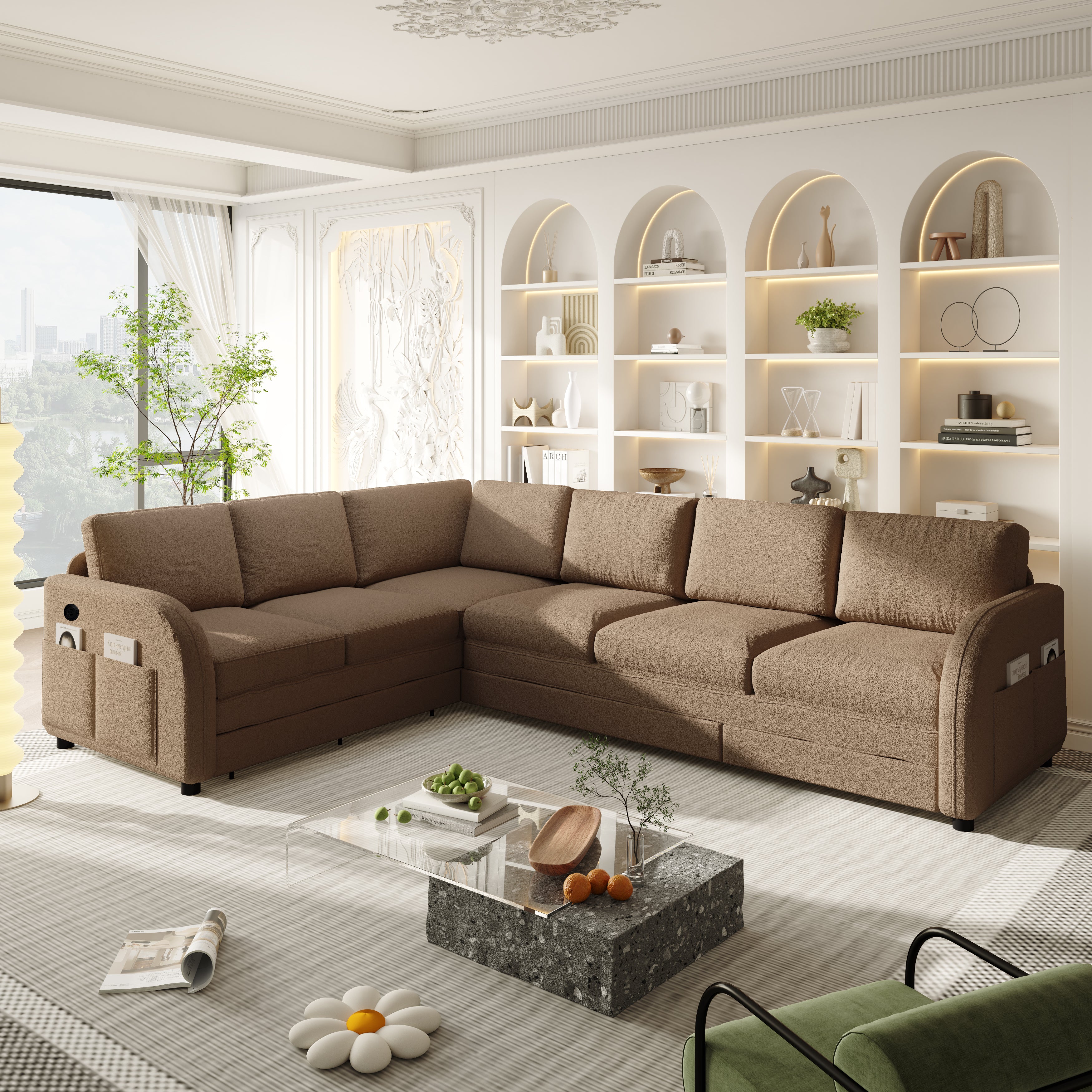 115.2" L-Shaped Pull-Out Bed Sleeper Sofa - Brown