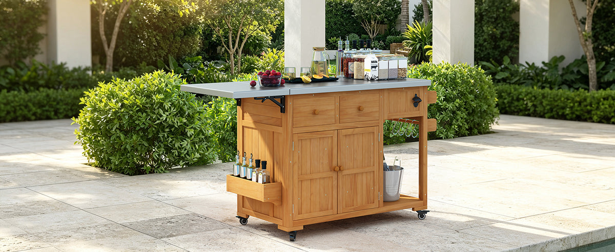 TOPMAX 59.9-Inch Outdoor Kitchen Cart, Solid Fir Wood with Extendable Stainless Steel Top, Natural