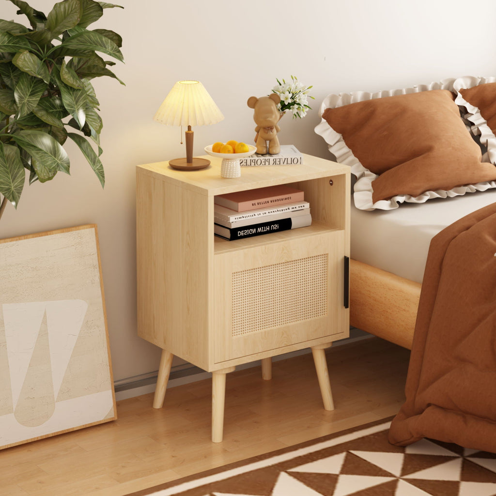 Nightstand Side Table with Door and Open Shelf for Bedroom - Oak