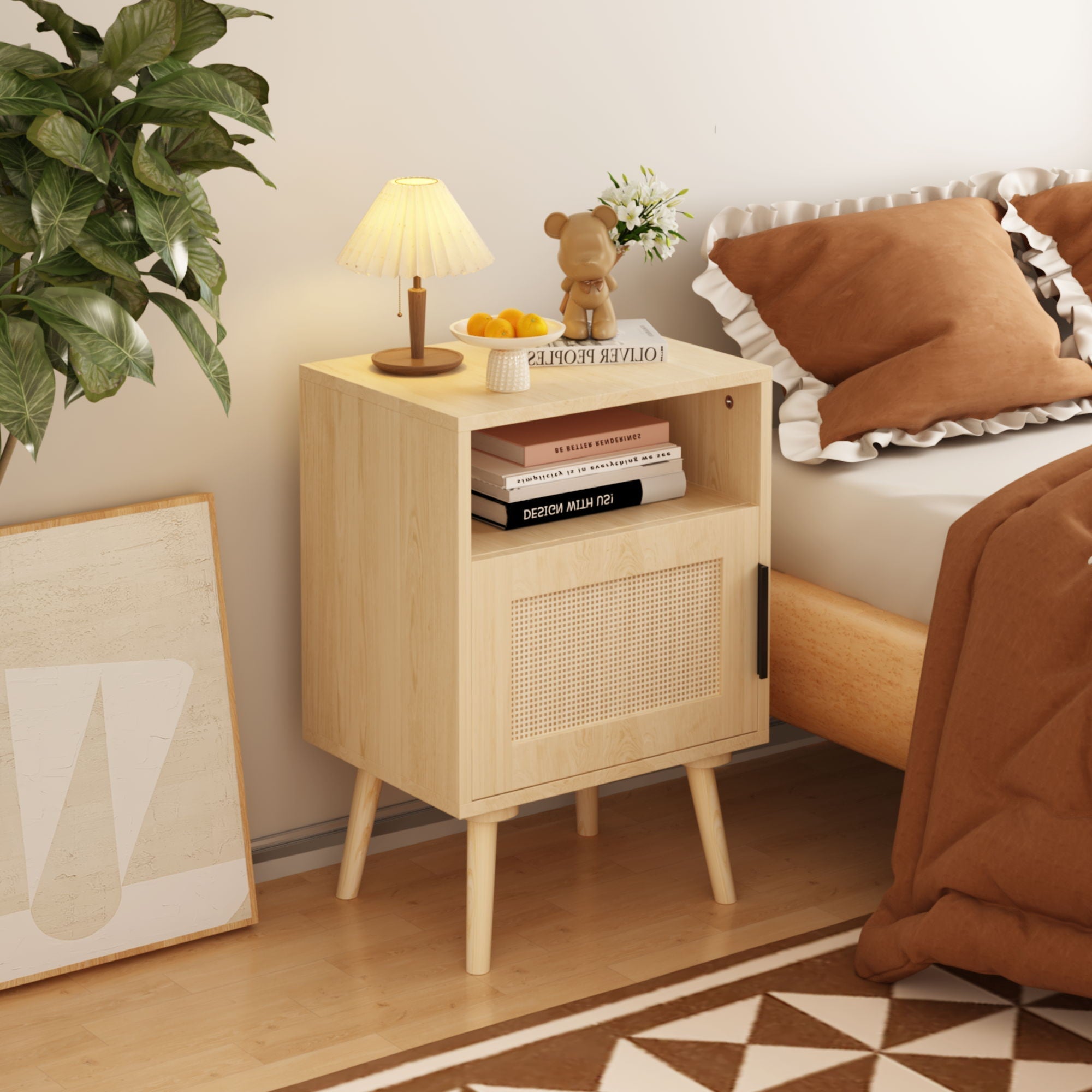 Nightstand Side Table with Door and Open Shelf for Bedroom - Oak