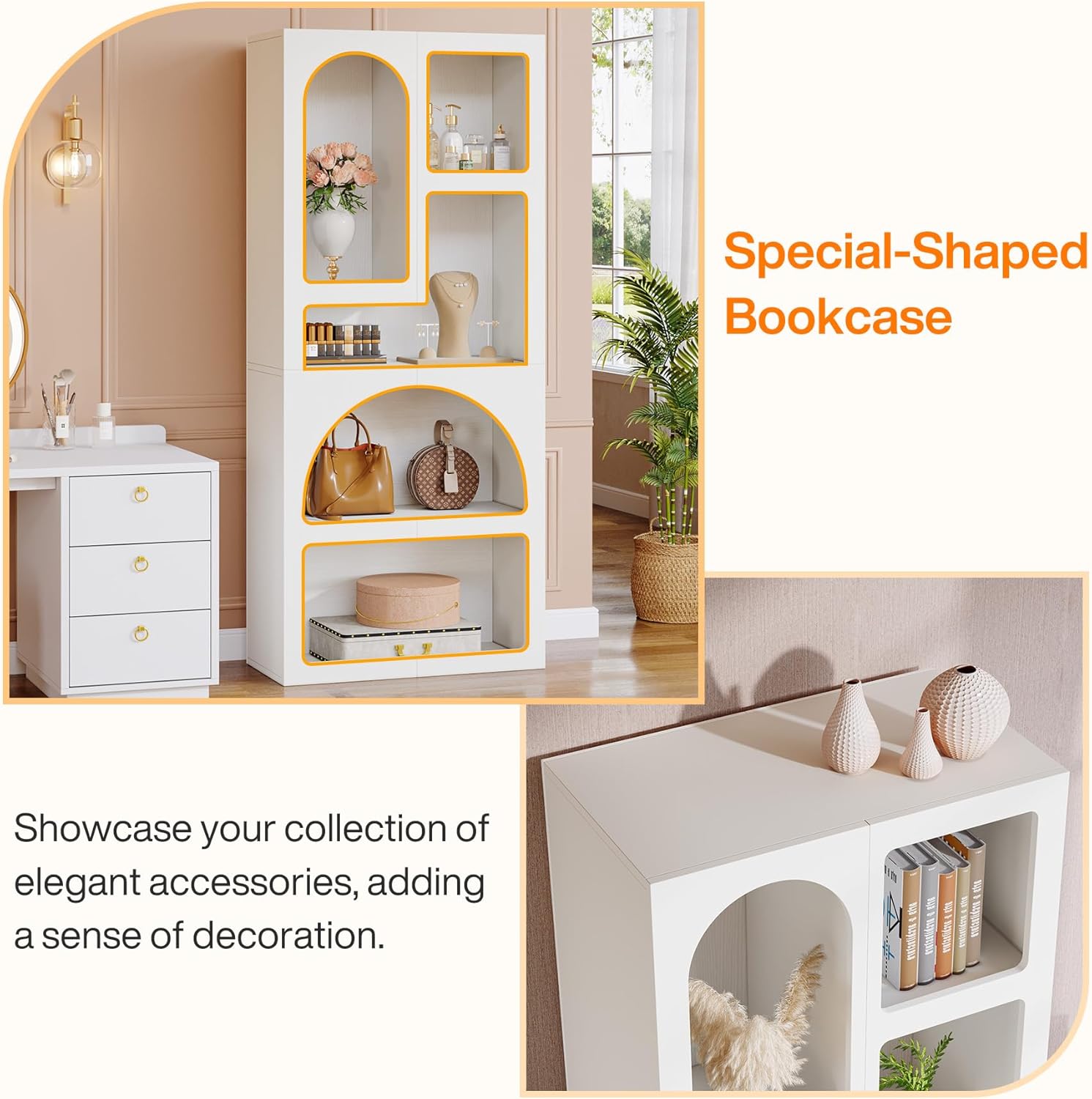 70.87” Tall White Geometric Arched 5-Shelf Art Display Bookcase