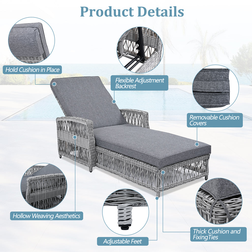 GO Outdoor Long Reclining Chaise, Wicker Lounge with Armrests