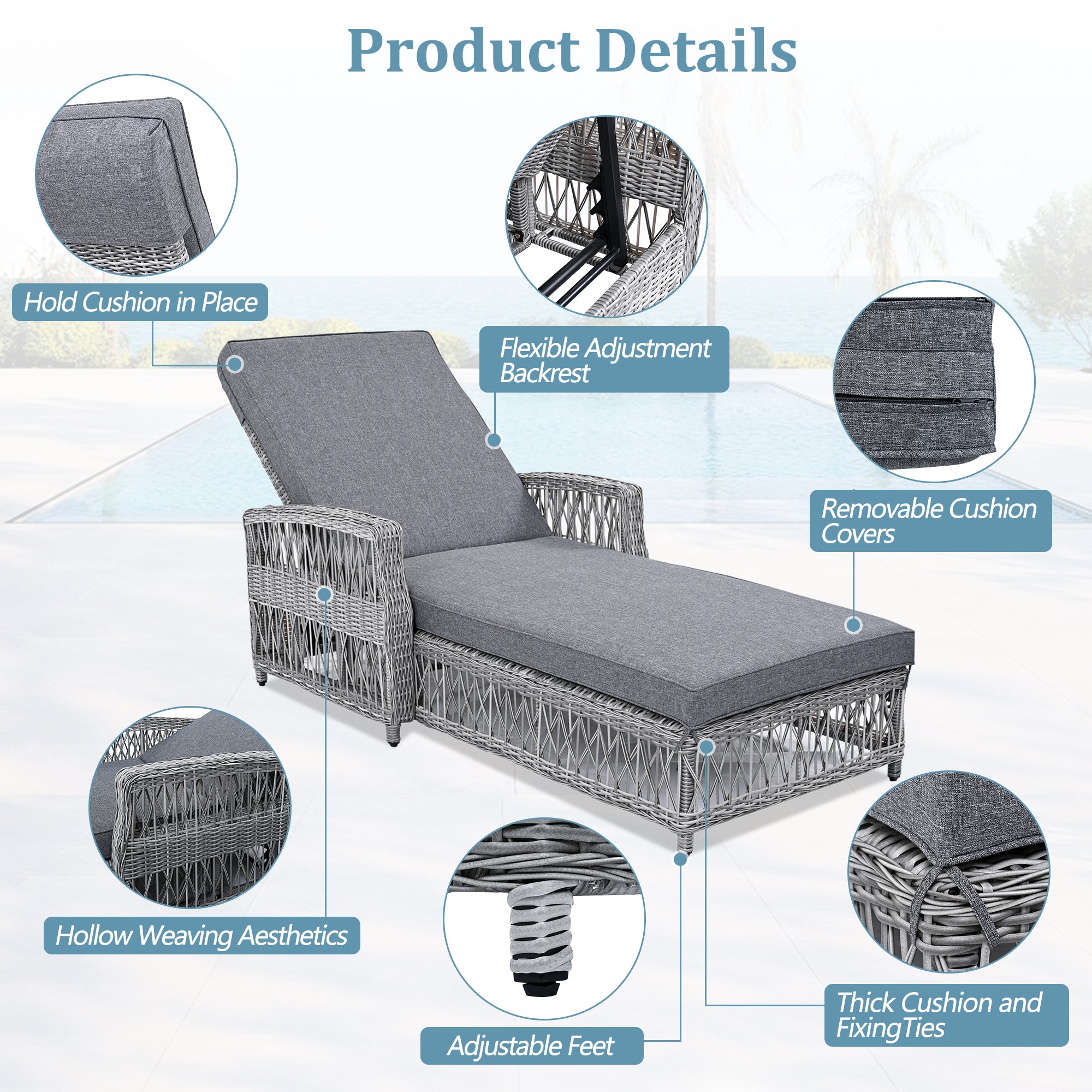 GO Outdoor Long Reclining Chaise, Wicker Lounge with Armrests