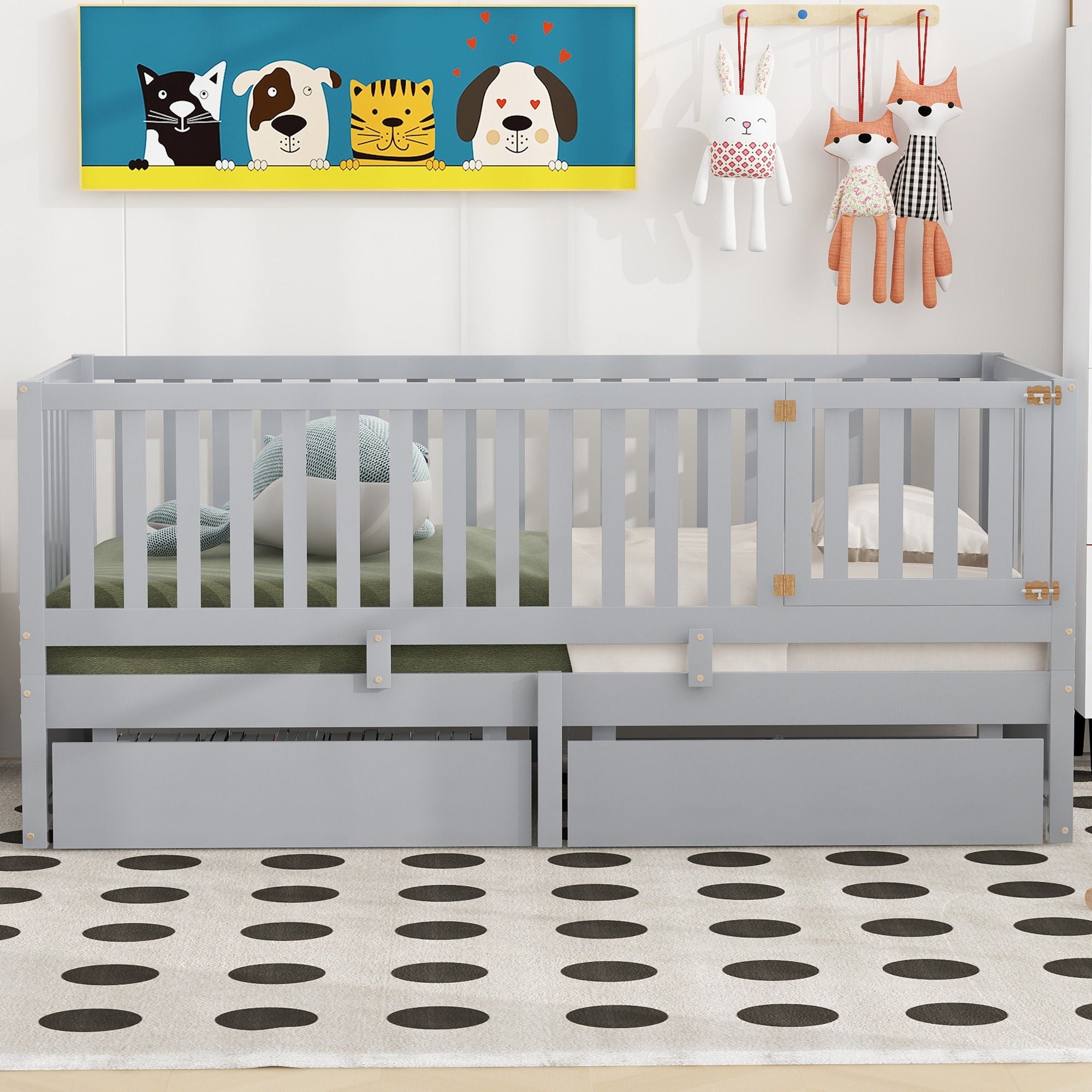 Daybed With Fence Guardrails And 2 Drawers, Split Into Independent Floor Bed & Daybed